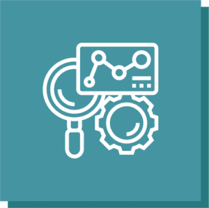 icon – big data@3x Icon for Big Data Analytics that has a magnifying glass with a gear and metrics