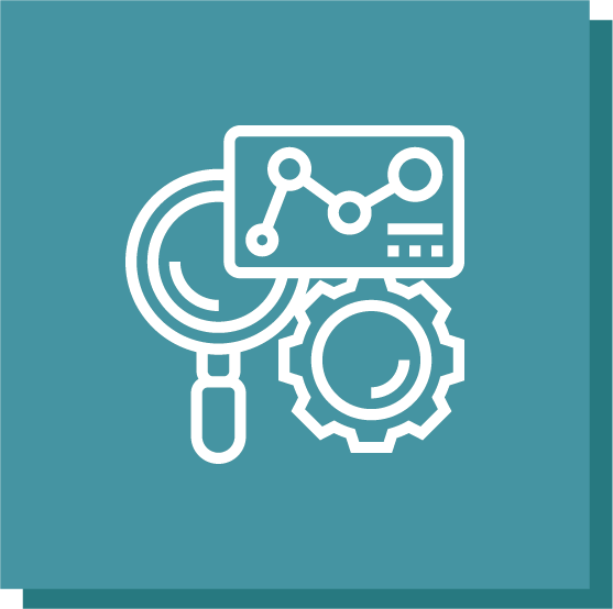Icon for Big Data Analytics that has a magnifying glass with a gear and metrics